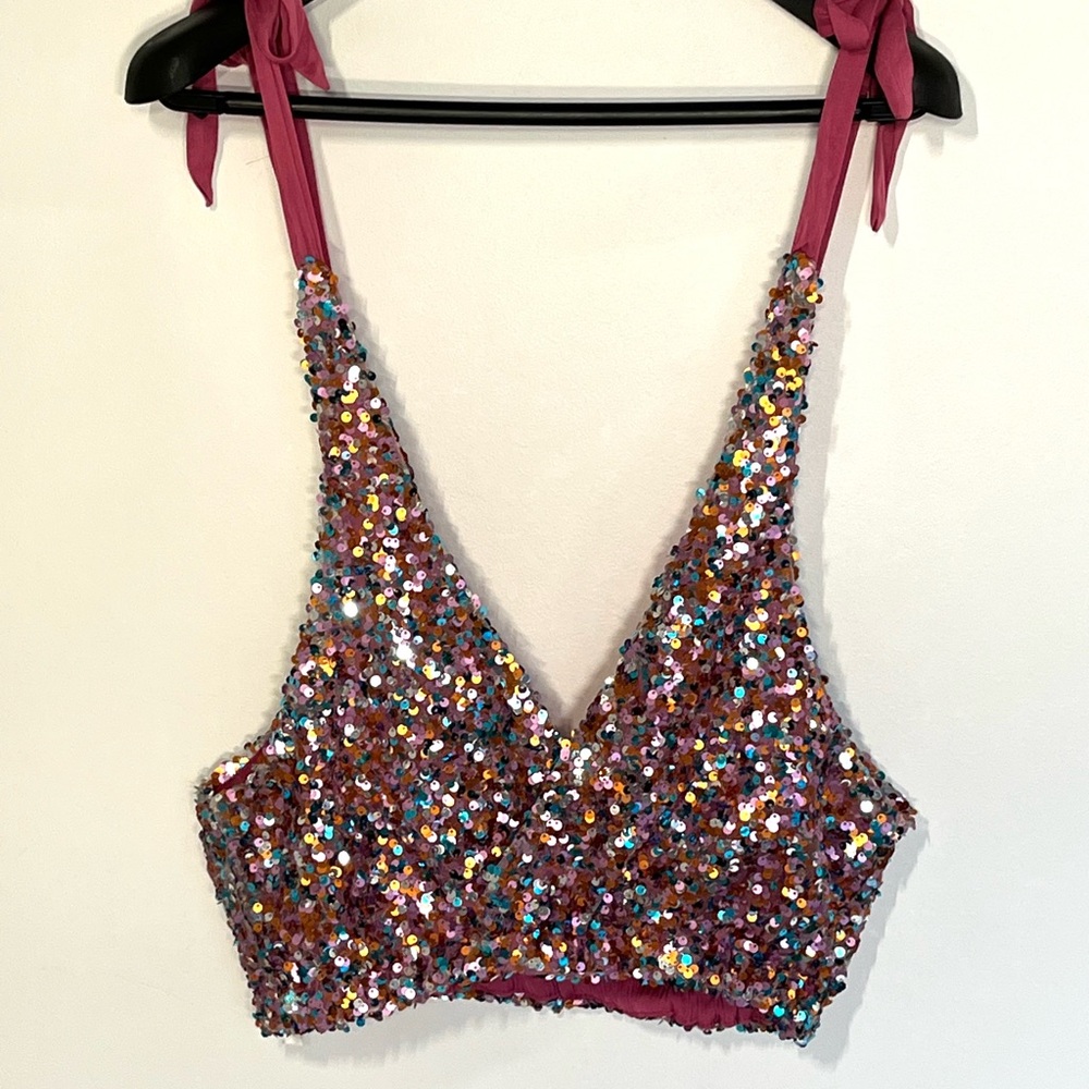 Intimately Free People Big Night Sequin Tie Shoulder Crop Top halter Sz Small - Picture 5 of 7